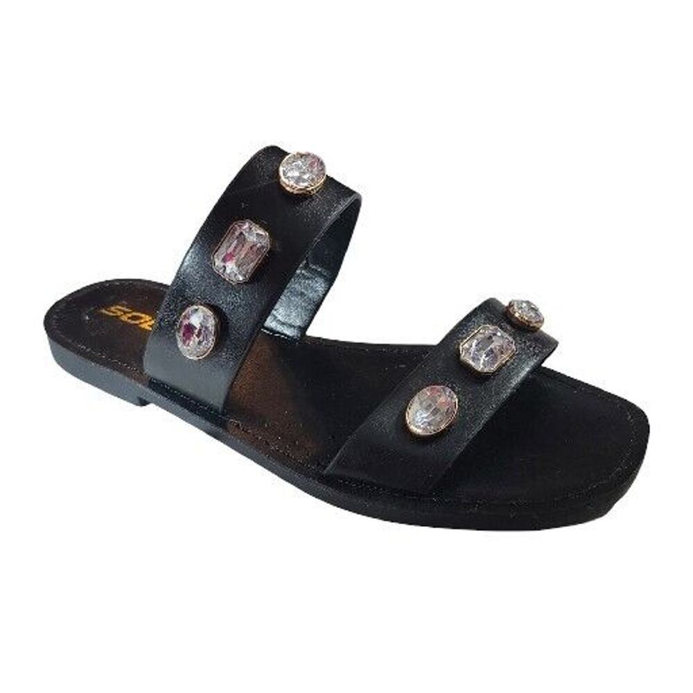Soda Rhinestone Embellished Womens Black Sandals 7.5 Slides Slip On Flats